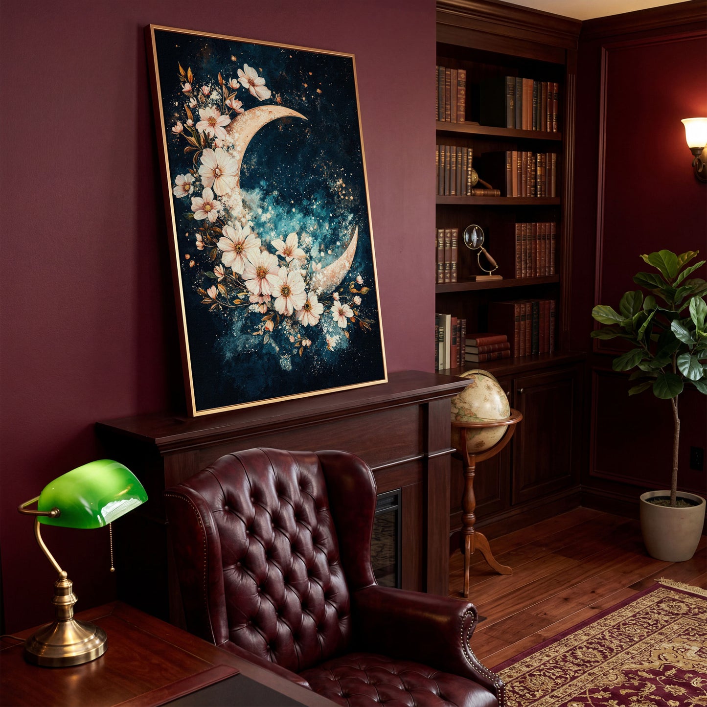 Crescent Moon with Flowers Canvas Print, Starry Night Sky Art in antique gold floating frame