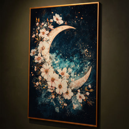 Crescent Moon with Flowers Canvas Print, Starry Night Sky Art shown in antique gold floating frame