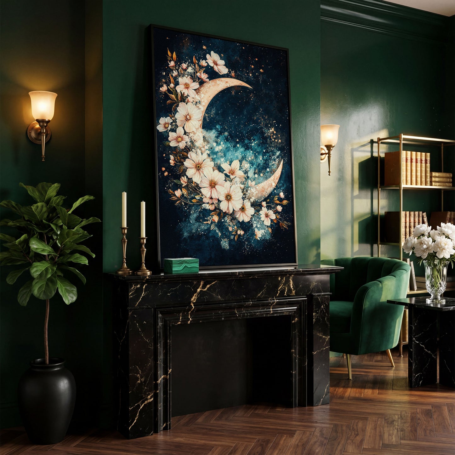 Crescent Moon with Flowers Canvas Print, Starry Night Sky Art in black floating frame