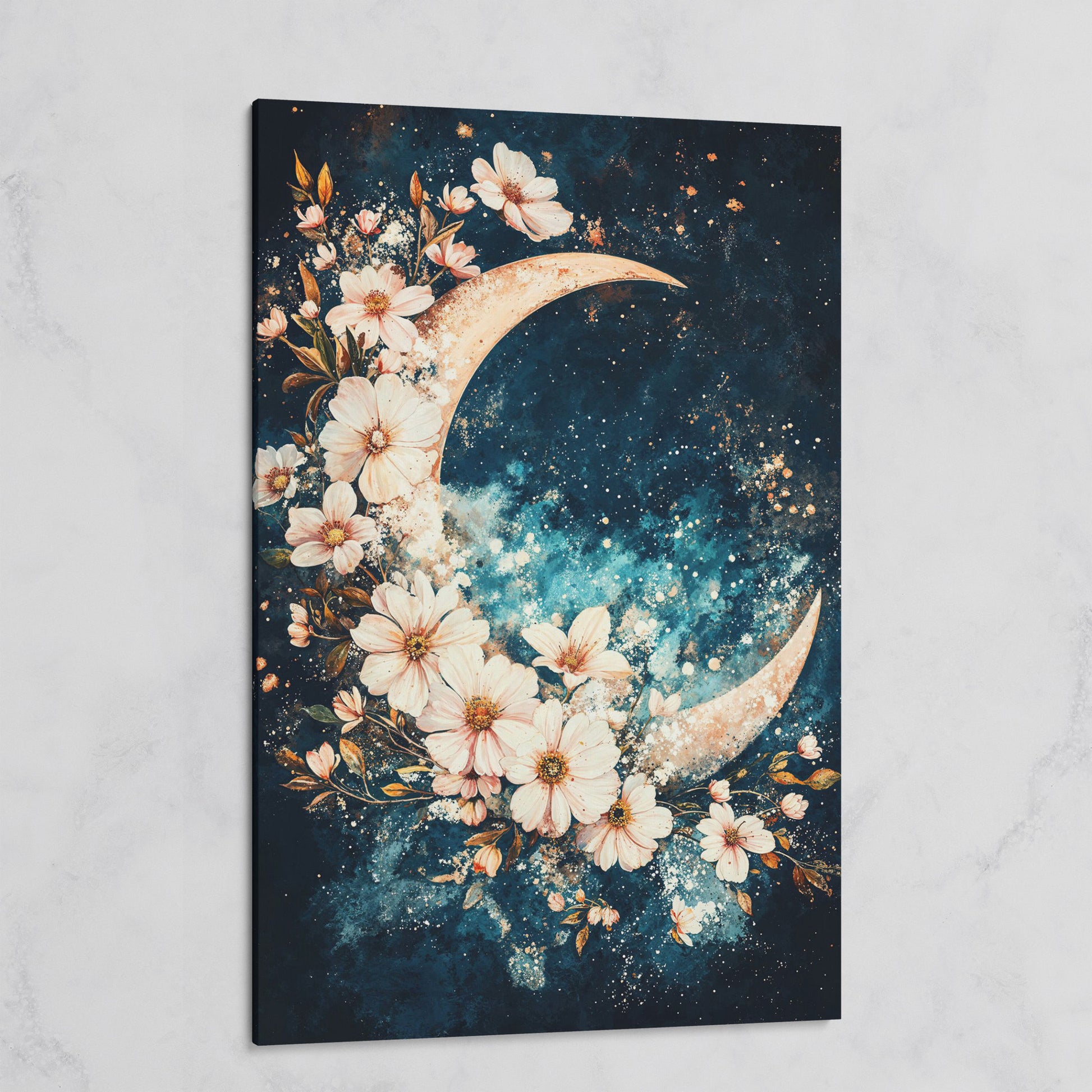 Crescent Moon with Flowers Canvas Print, Starry Night Sky Art on gallery wrap