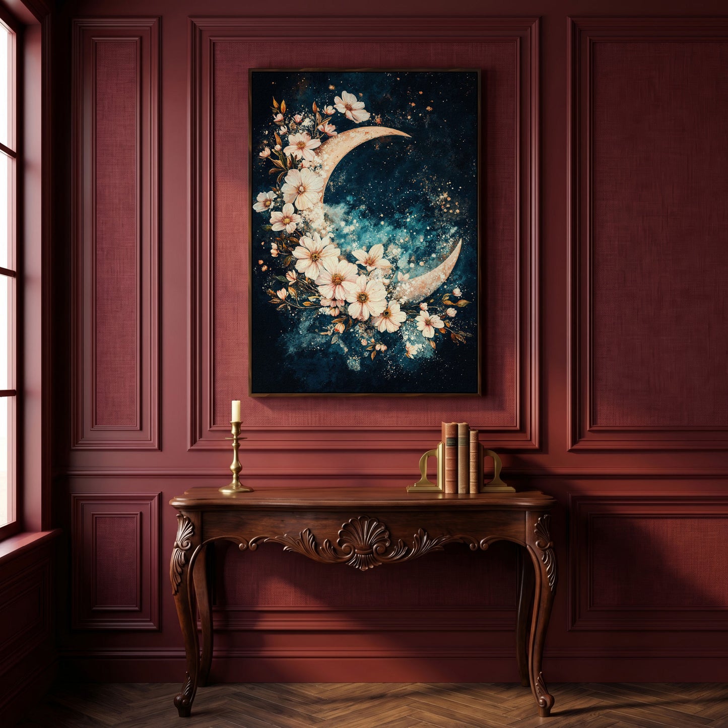 Crescent Moon with Flowers Canvas Print, Starry Night Sky Art in dark walnut floating frame