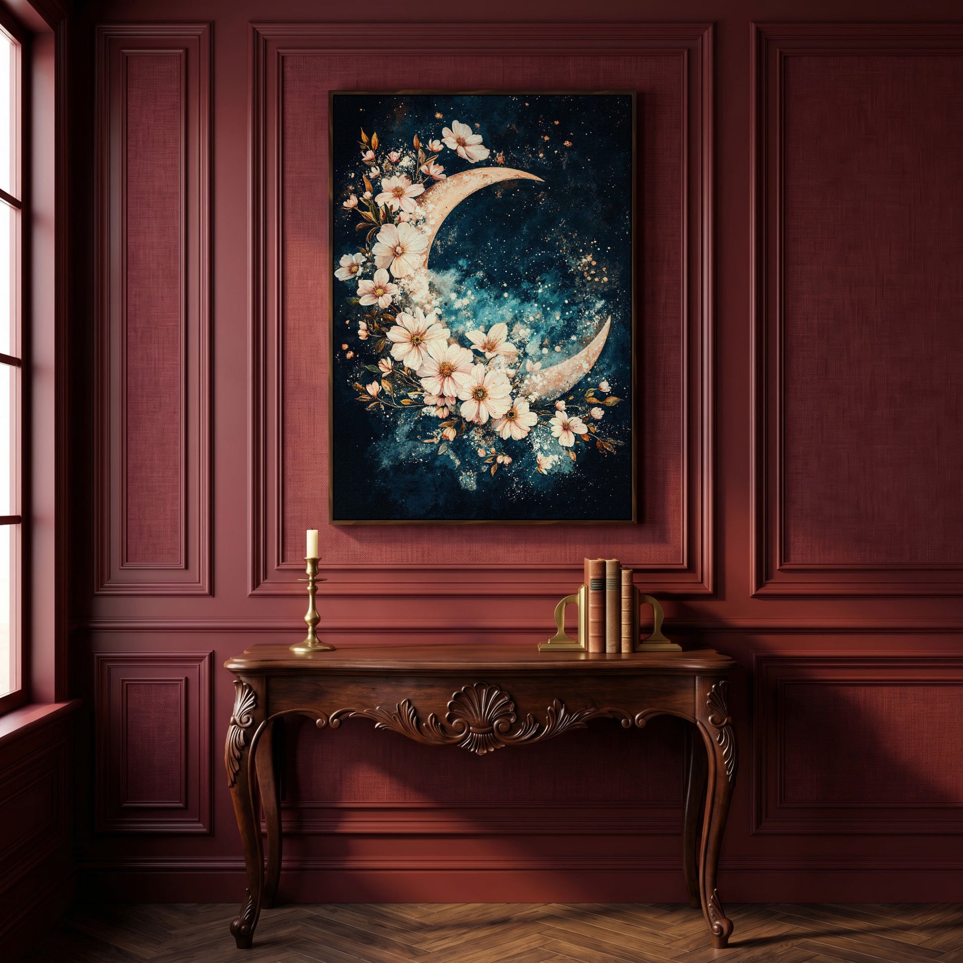 Crescent Moon with Flowers Canvas Print, Starry Night Sky Art in dark walnut floating frame