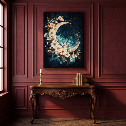 Crescent Moon with Flowers Canvas Print, Starry Night Sky Art in dark walnut floating frame