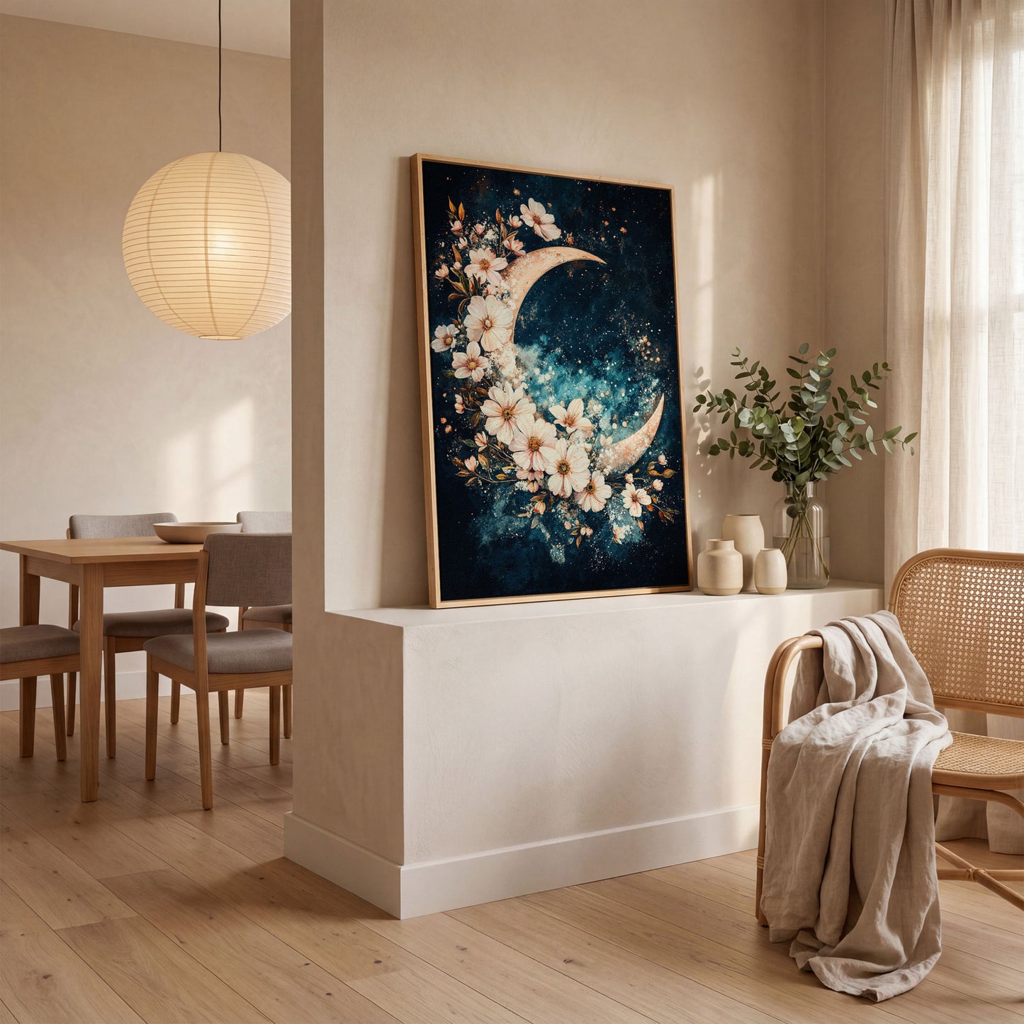 Crescent Moon with Flowers Canvas Print, Starry Night Sky Art in white oak floating frame