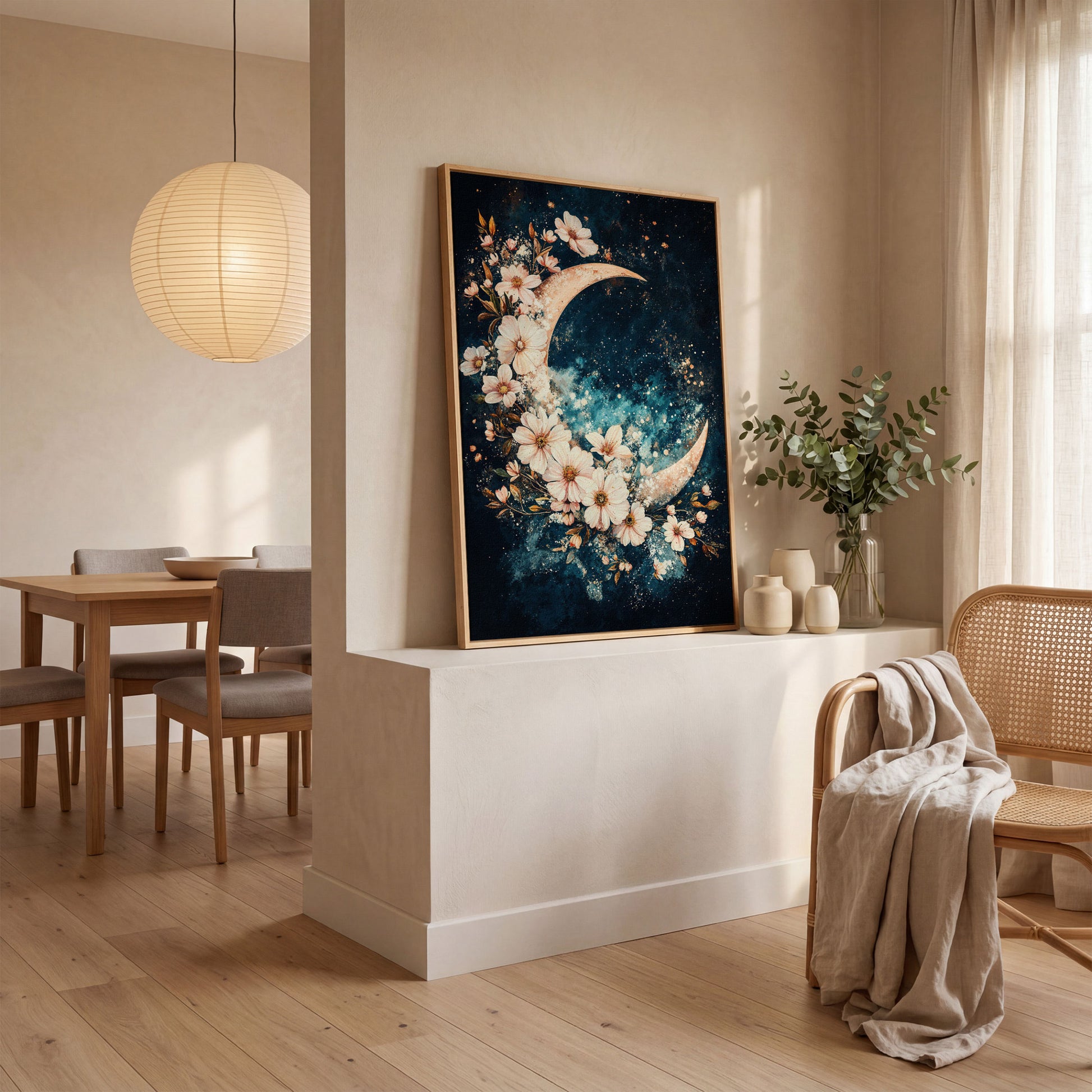 Crescent Moon with Flowers Canvas Print, Starry Night Sky Art in white oak floating frame