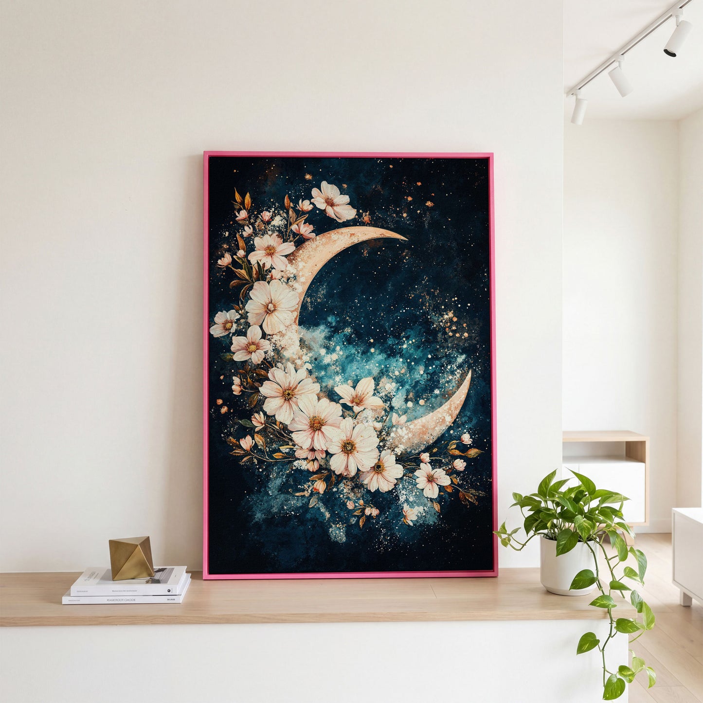 Crescent Moon with Flowers Canvas Print, Starry Night Sky Art in pink floating frame