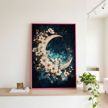 Crescent Moon with Flowers Canvas Print, Starry Night Sky Art in pink floating frame