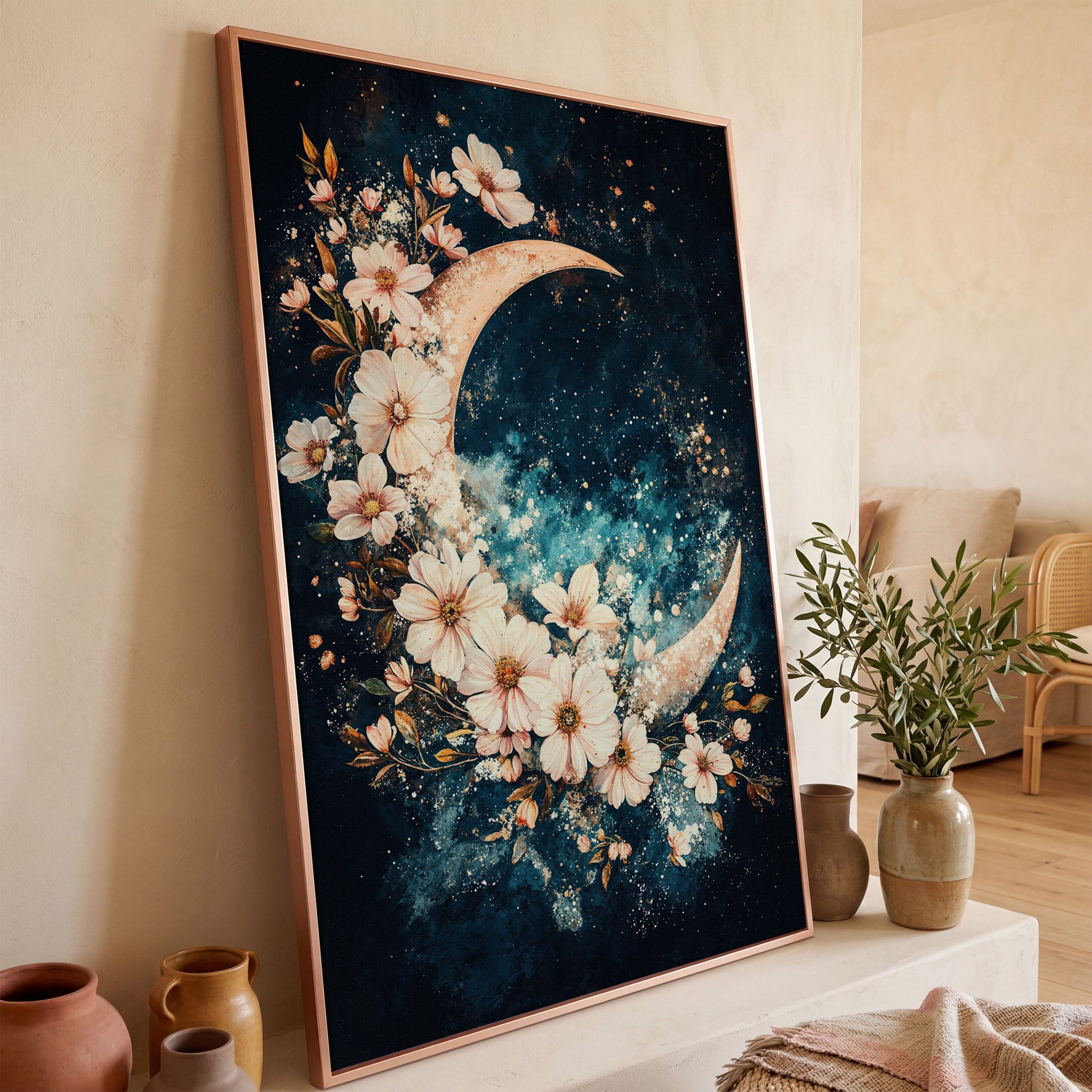 Crescent Moon with Flowers Canvas Print, Starry Night Sky Art in rose gold floating frame