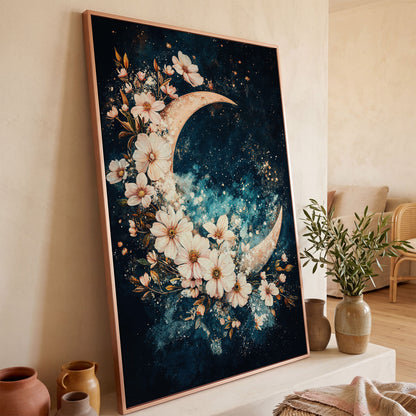 Crescent Moon with Flowers Canvas Print, Starry Night Sky Art in rose gold floating frame