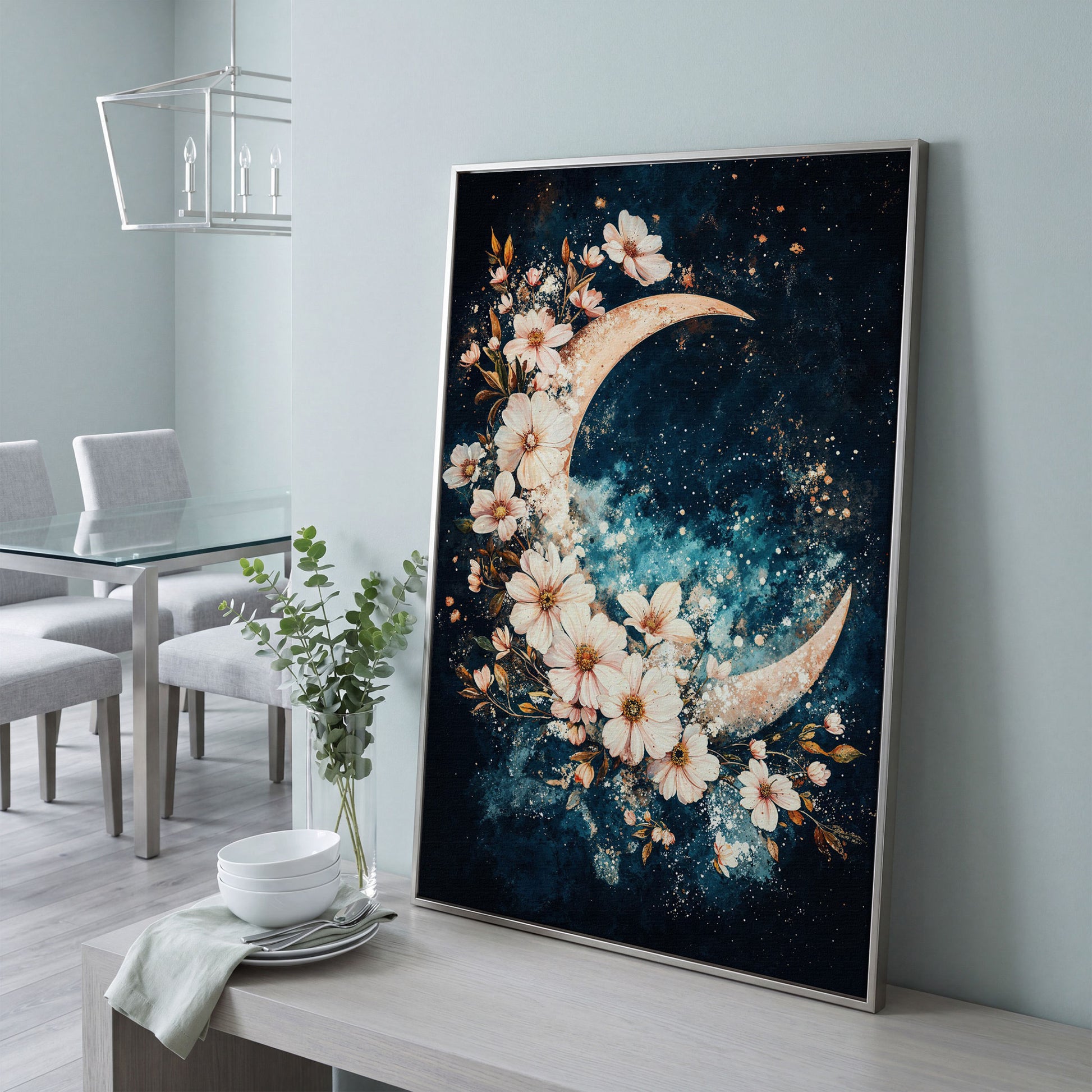 Crescent Moon with Flowers Canvas Print, Starry Night Sky Art in silver floating frame