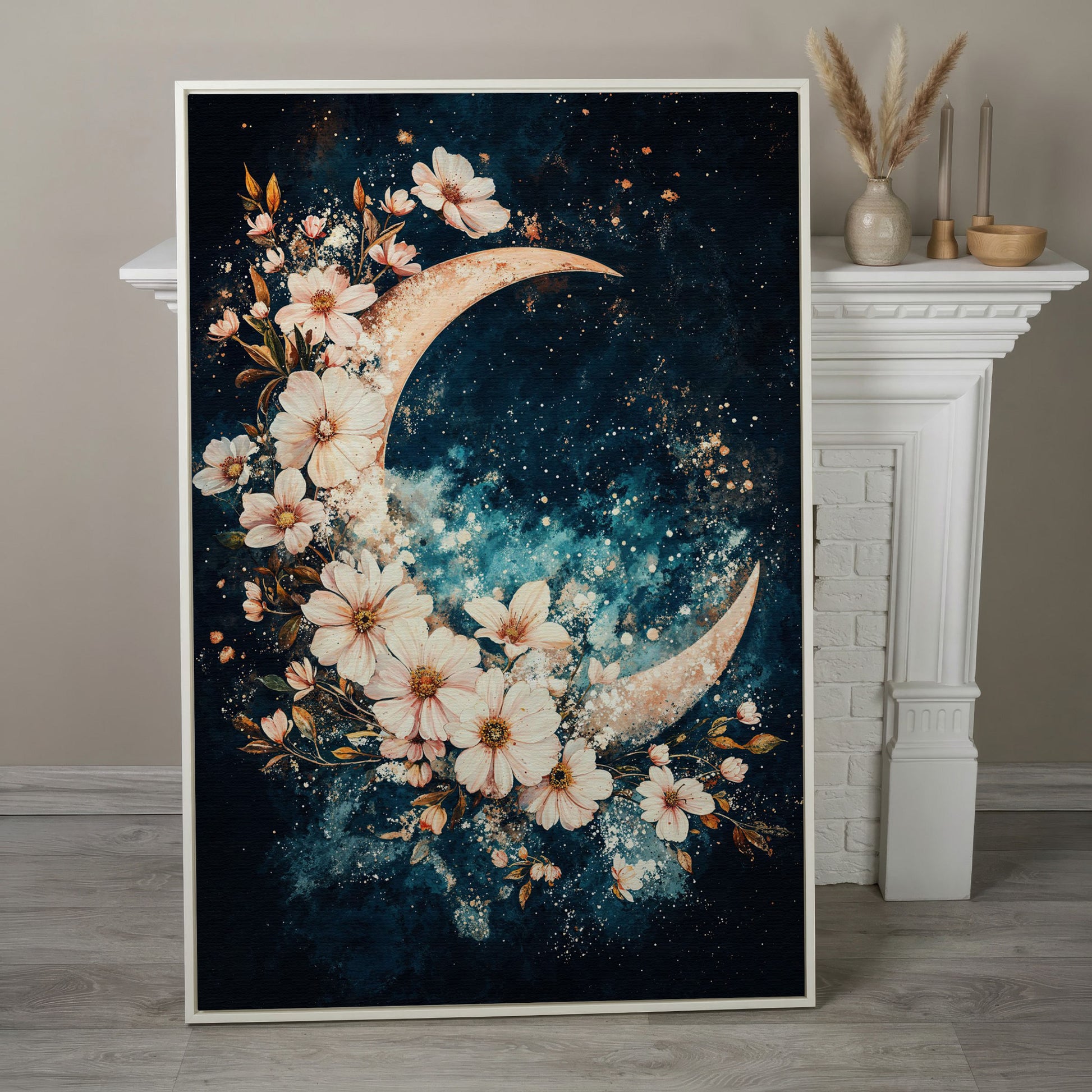Crescent Moon with Flowers Canvas Print, Starry Night Sky Art in white floating frame