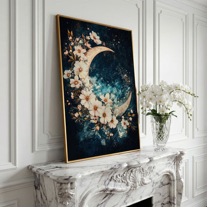 Crescent Moon with Flowers Canvas Print, Starry Night Sky Art in yellow gold floating frame