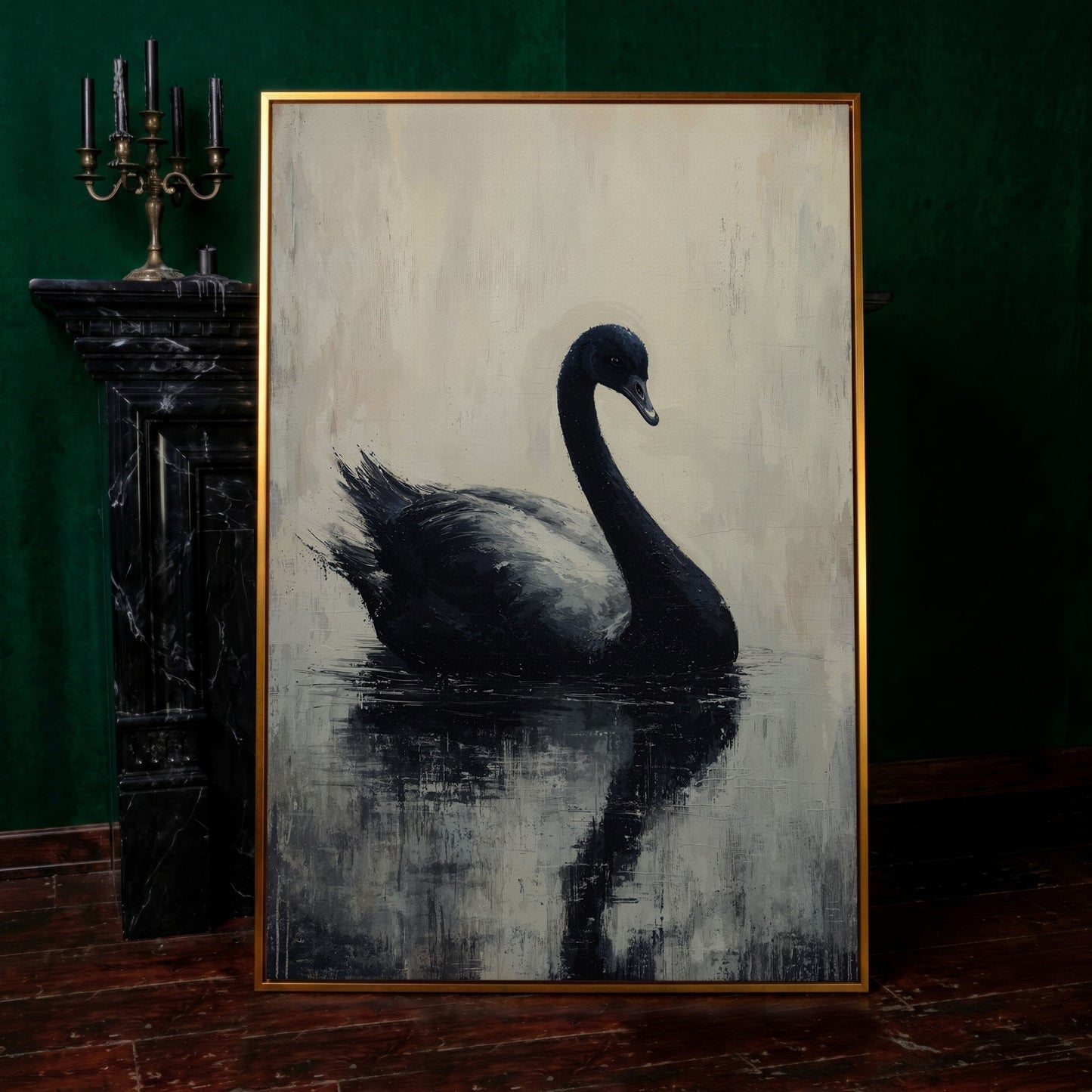 Black Swan on Calm Water Canvas Print in antique gold floating frame