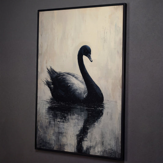 Black Swan on Calm Water Canvas Print shown in black floating frame