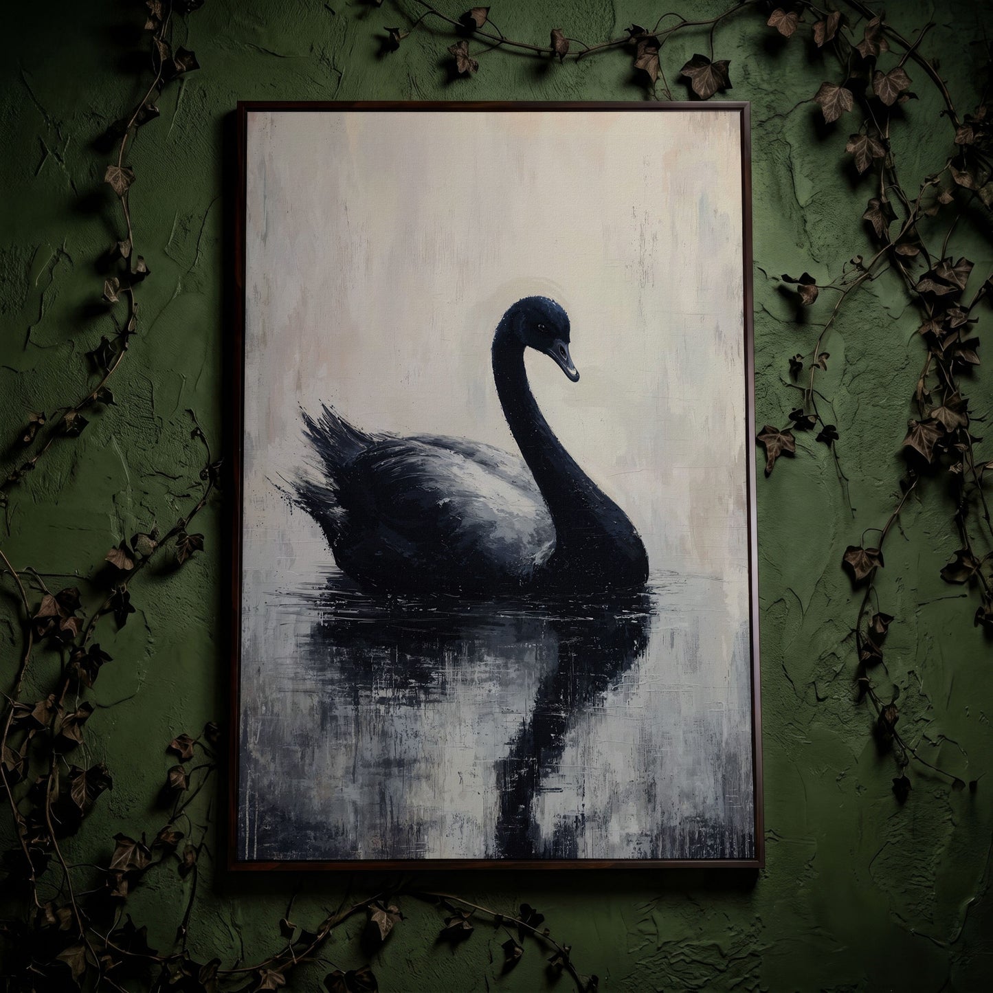 Black Swan on Calm Water Canvas Print in dark walnut floating frame