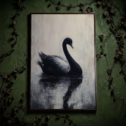 Black Swan on Calm Water Canvas Print in dark walnut floating frame
