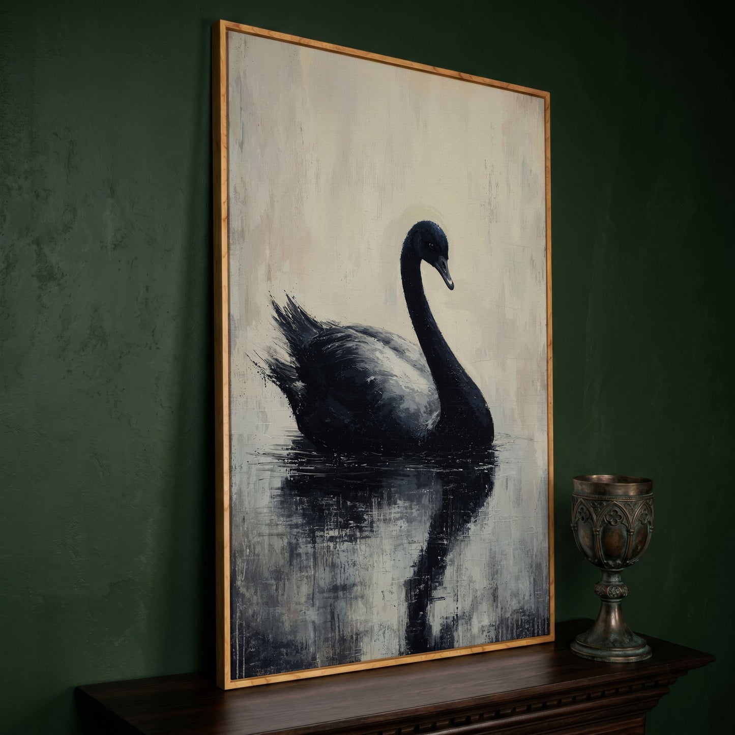 Black Swan on Calm Water Canvas Print in white oak floating frame