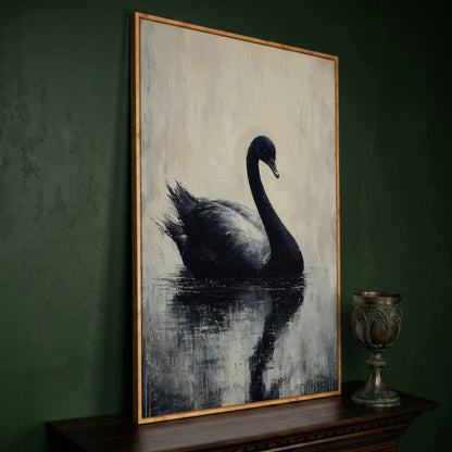 Black Swan on Calm Water Canvas Print in white oak floating frame