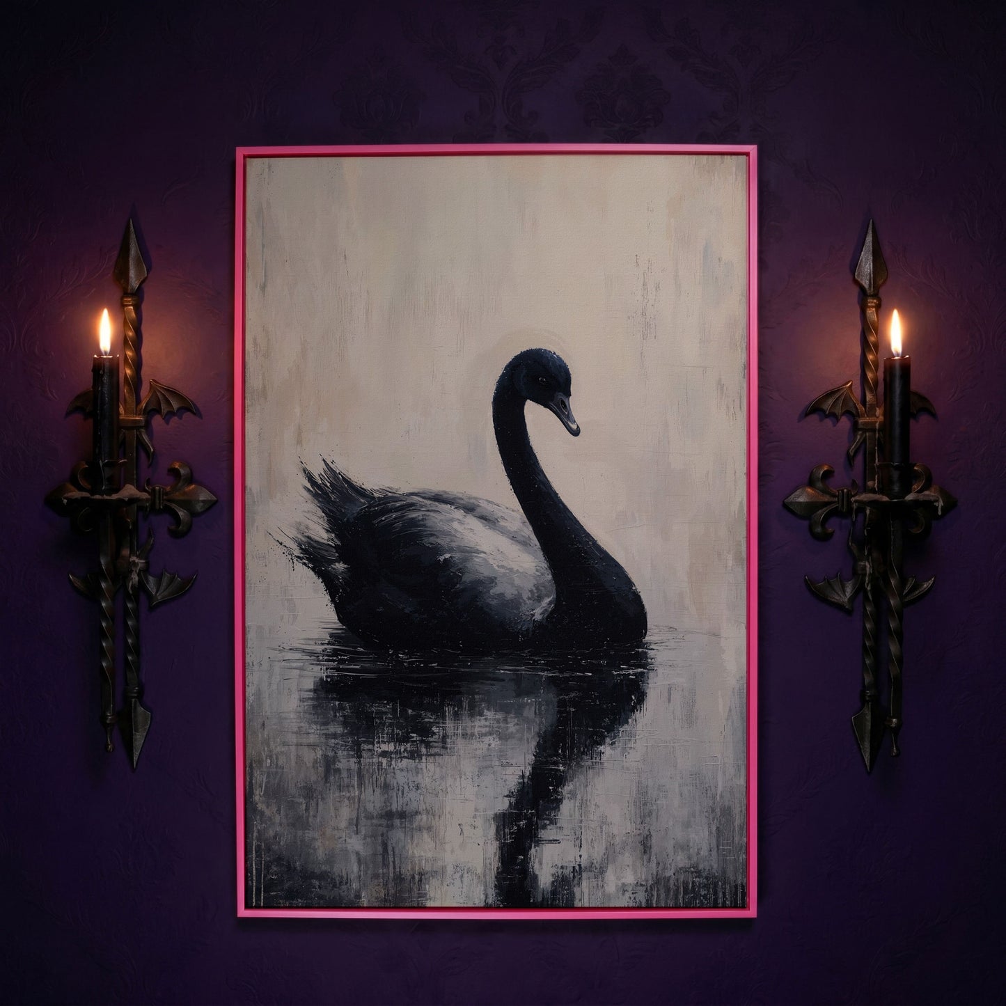 Black Swan on Calm Water Canvas Print in pink floating frame