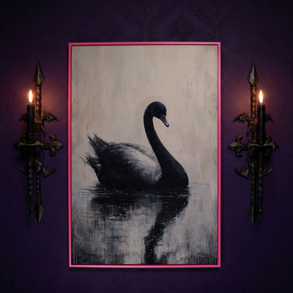 Black Swan on Calm Water Canvas Print in pink floating frame