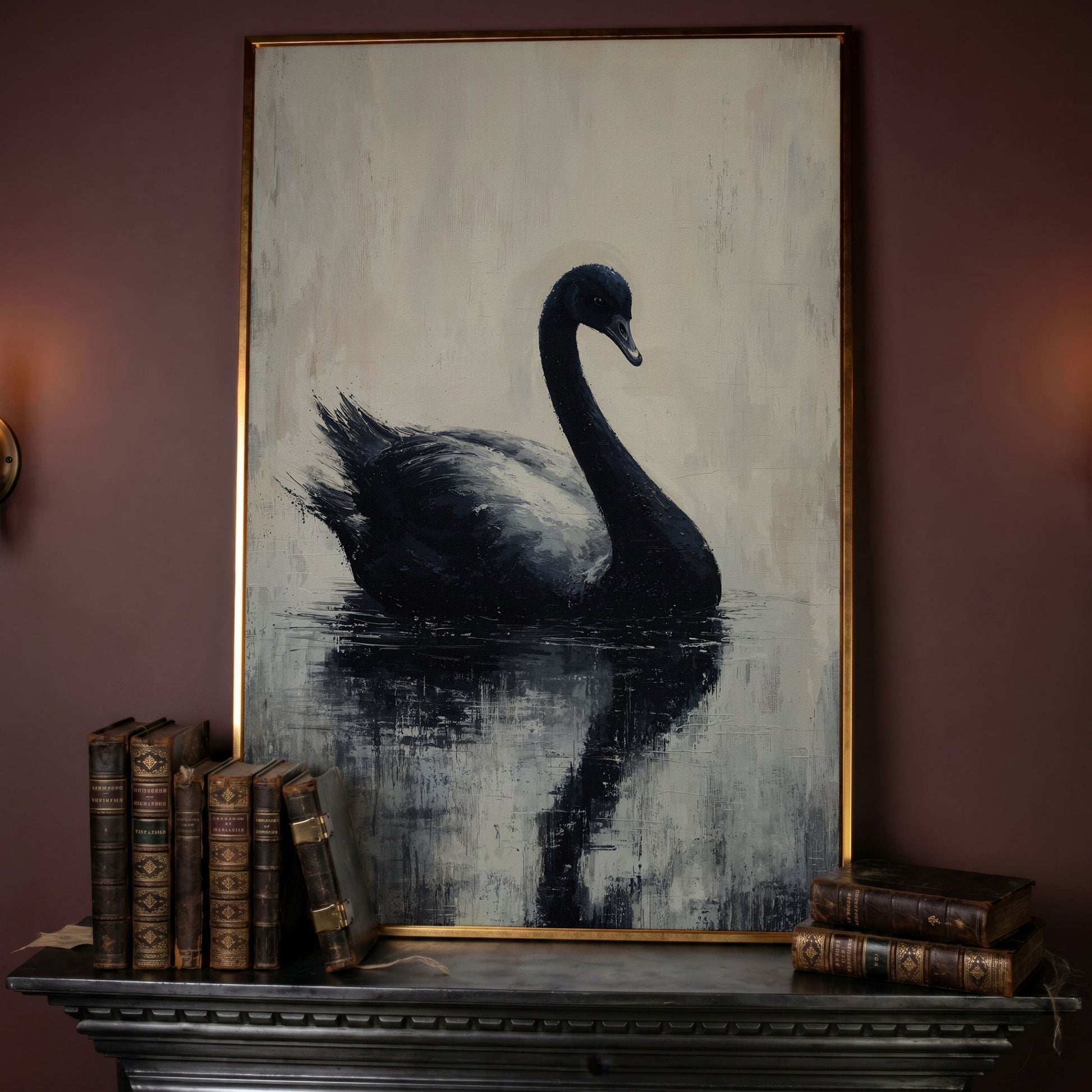 Black Swan on Calm Water Canvas Print in rose gold floating frame