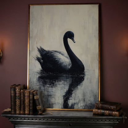 Black Swan on Calm Water Canvas Print in rose gold floating frame