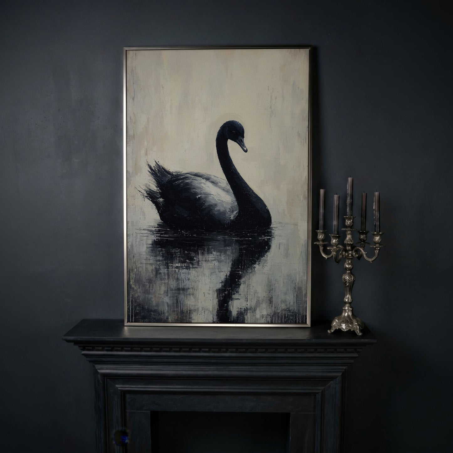 Black Swan on Calm Water Canvas Print in silver floating frame