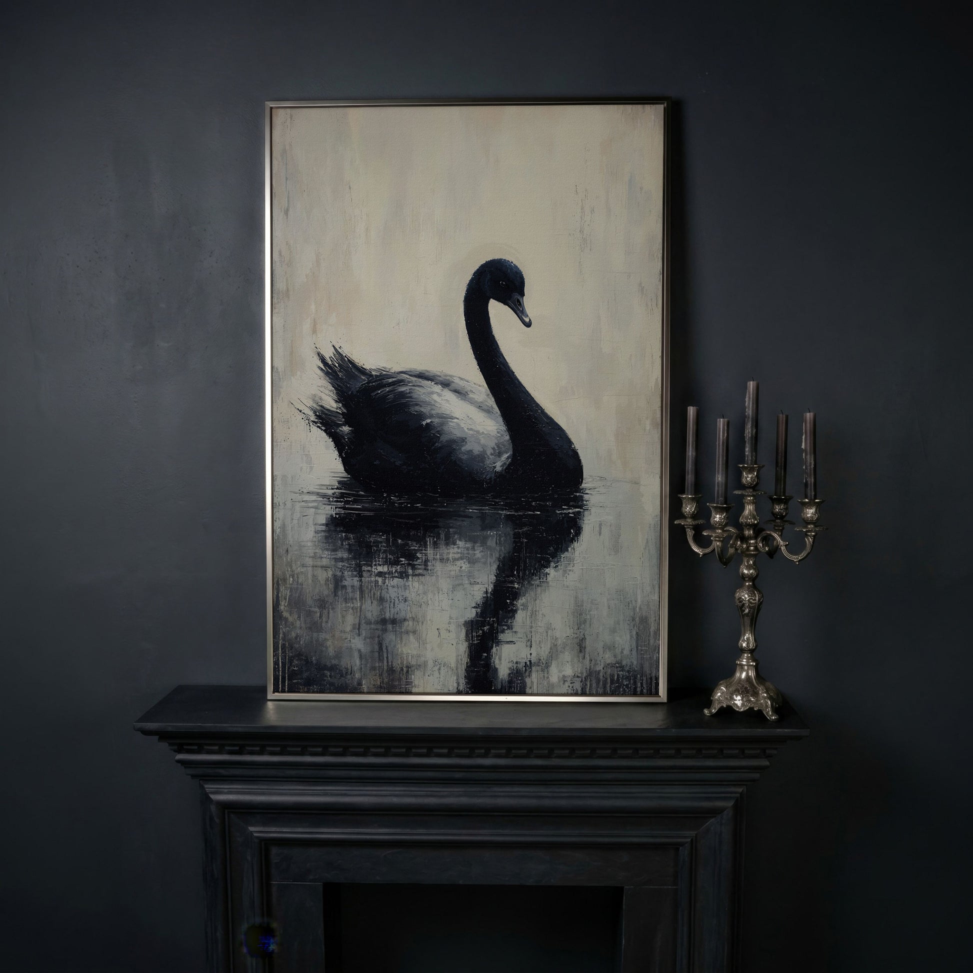 Black Swan on Calm Water Canvas Print in silver floating frame