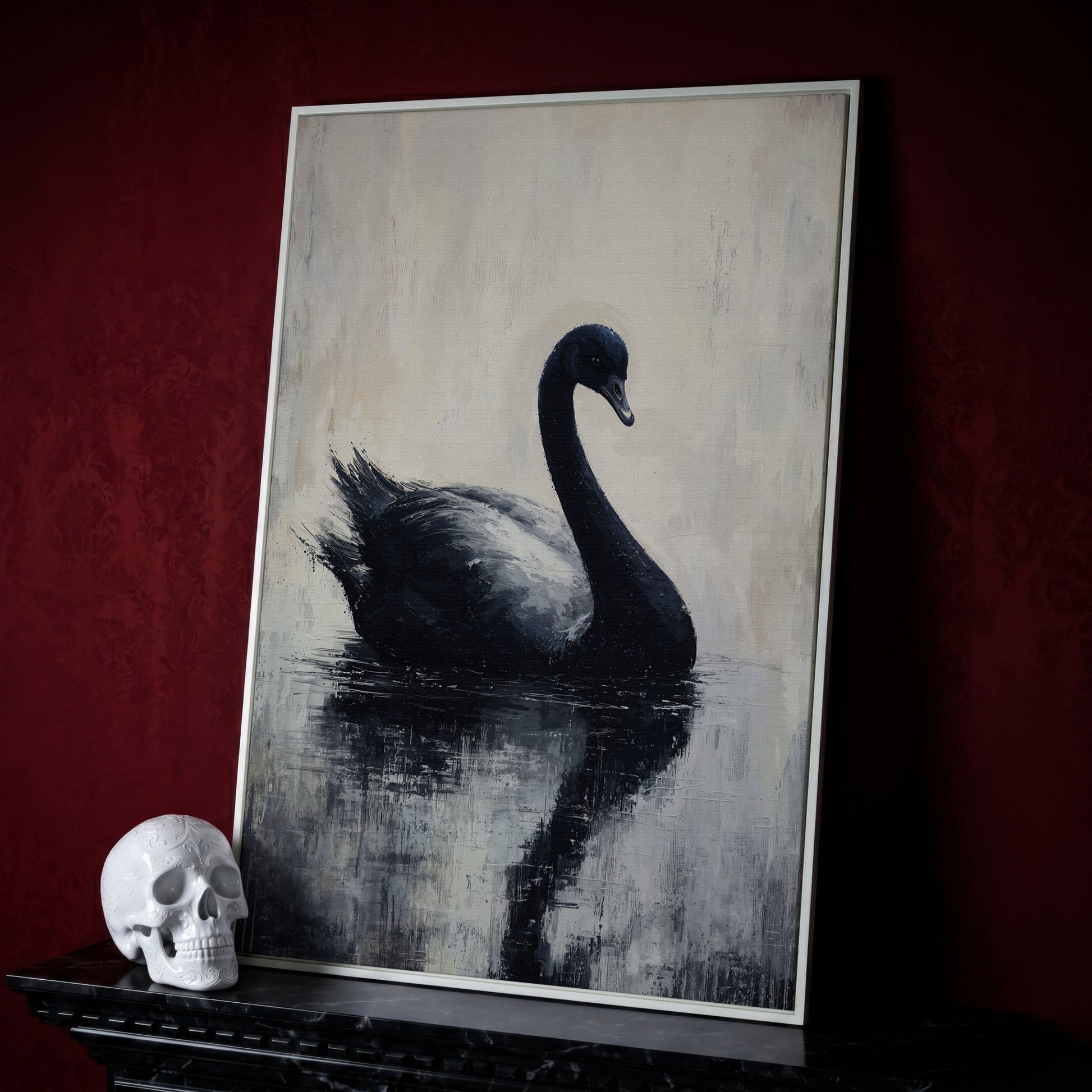 Black Swan on Calm Water Canvas Print in white floating frame