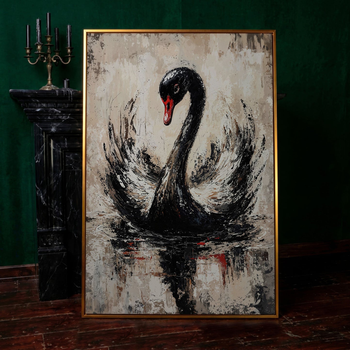 Black Swan Abstract Canvas Print in antique gold floating frame