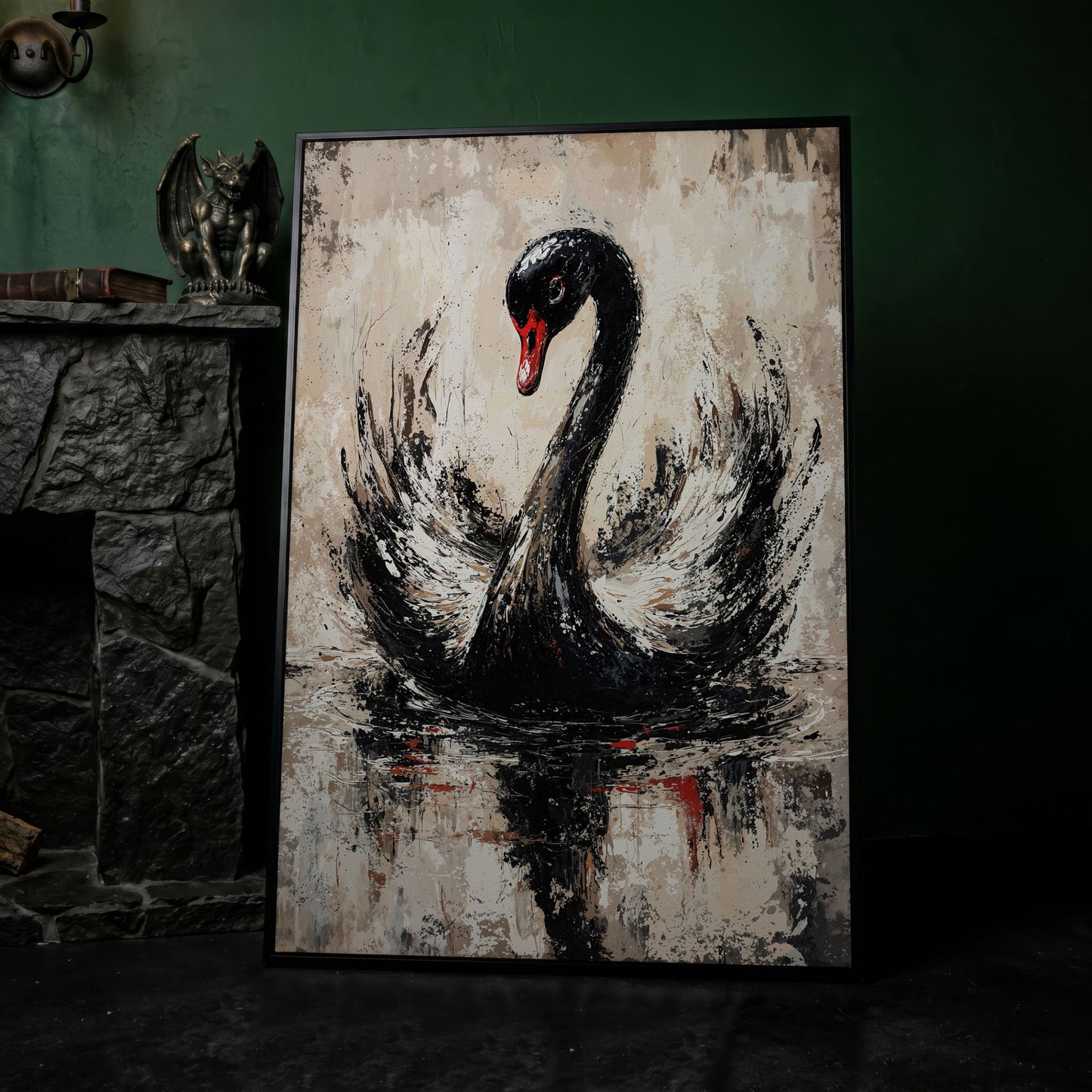 Black Swan Abstract Canvas Print in black floating frame