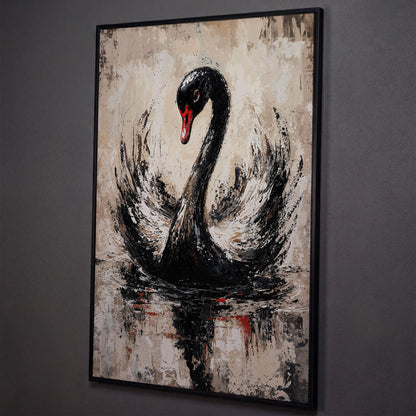 Black Swan Abstract Canvas Print shown in black floating frame