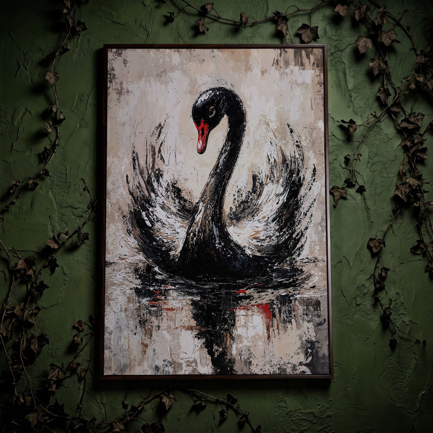 Black Swan Abstract Canvas Print in dark walnut floating frame