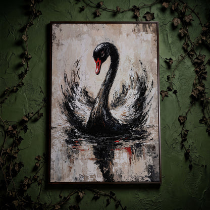 Black Swan Abstract Canvas Print in dark walnut floating frame
