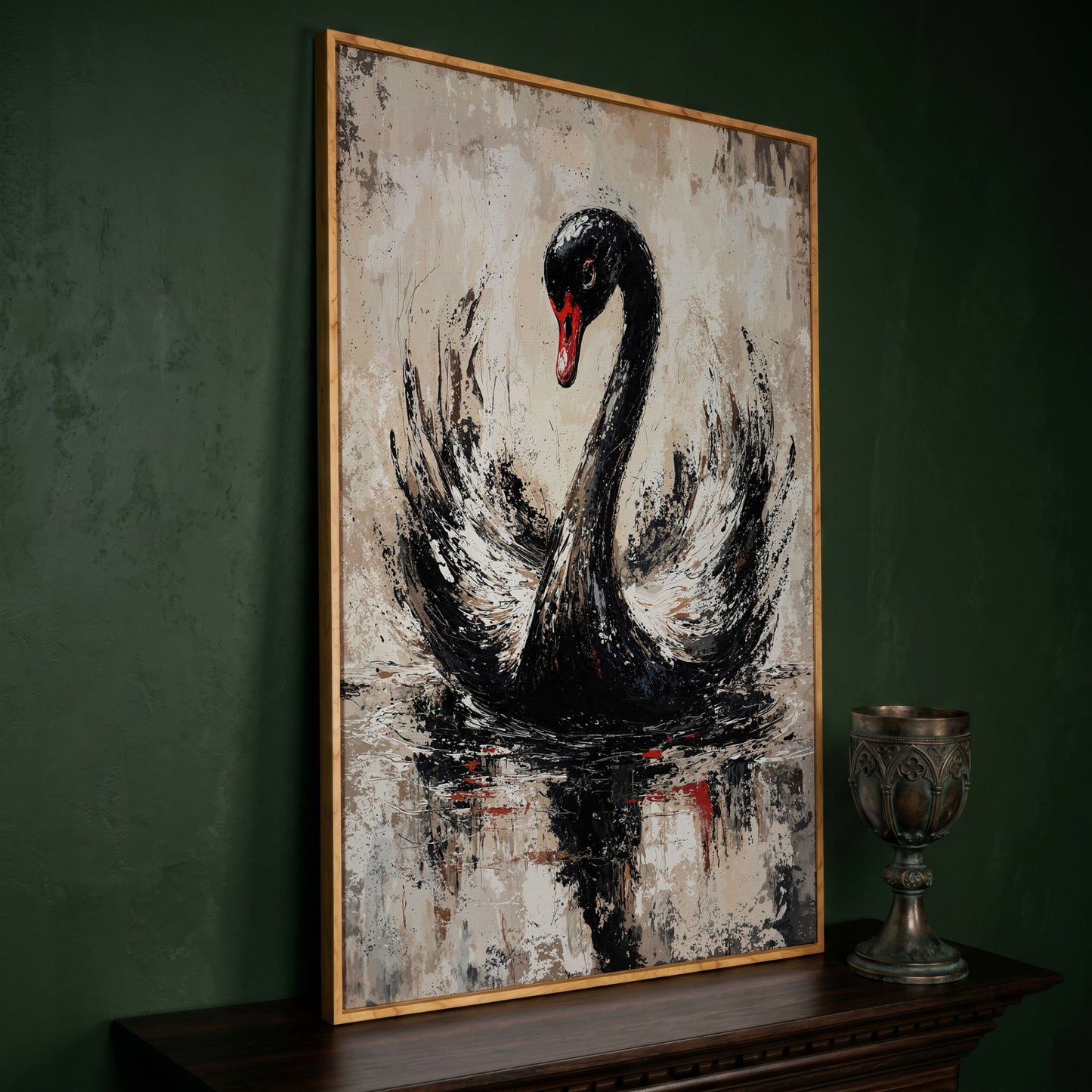 Black Swan Abstract Canvas Print in white oak floating frame