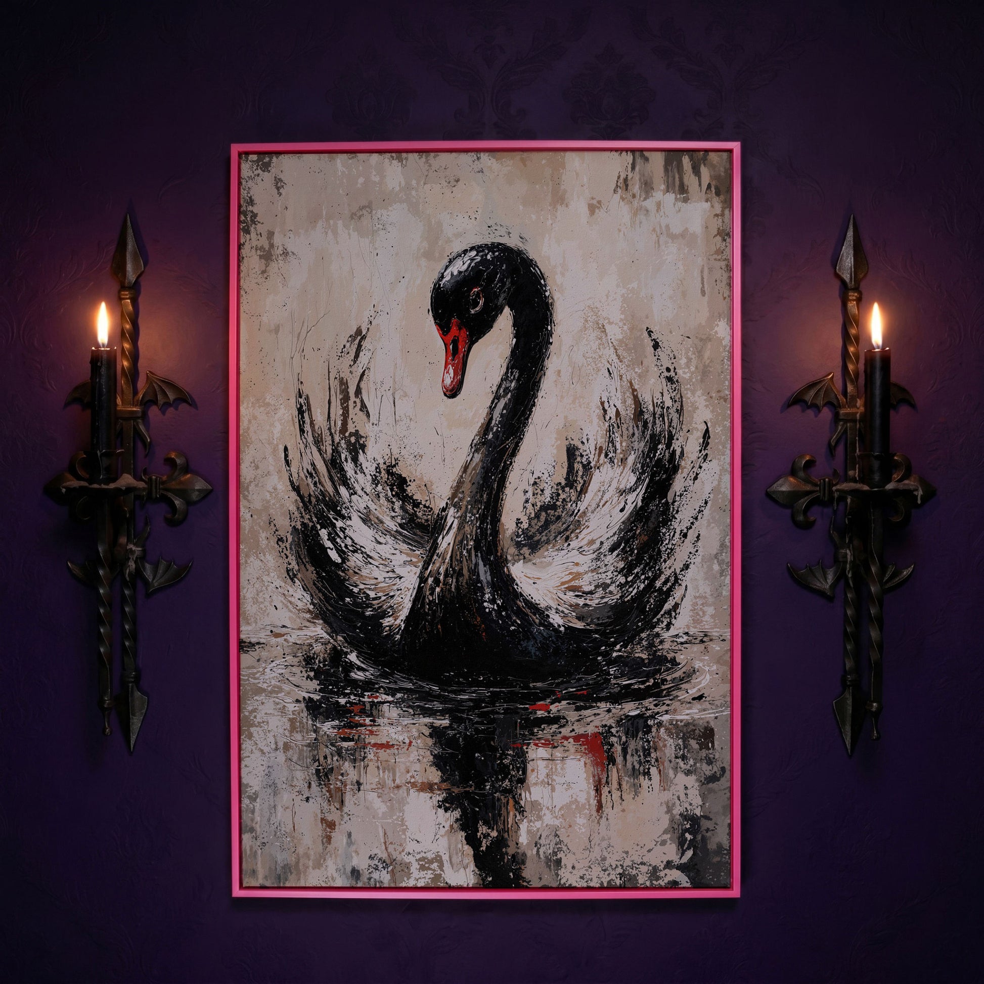Black Swan Abstract Canvas Print in pink floating frame