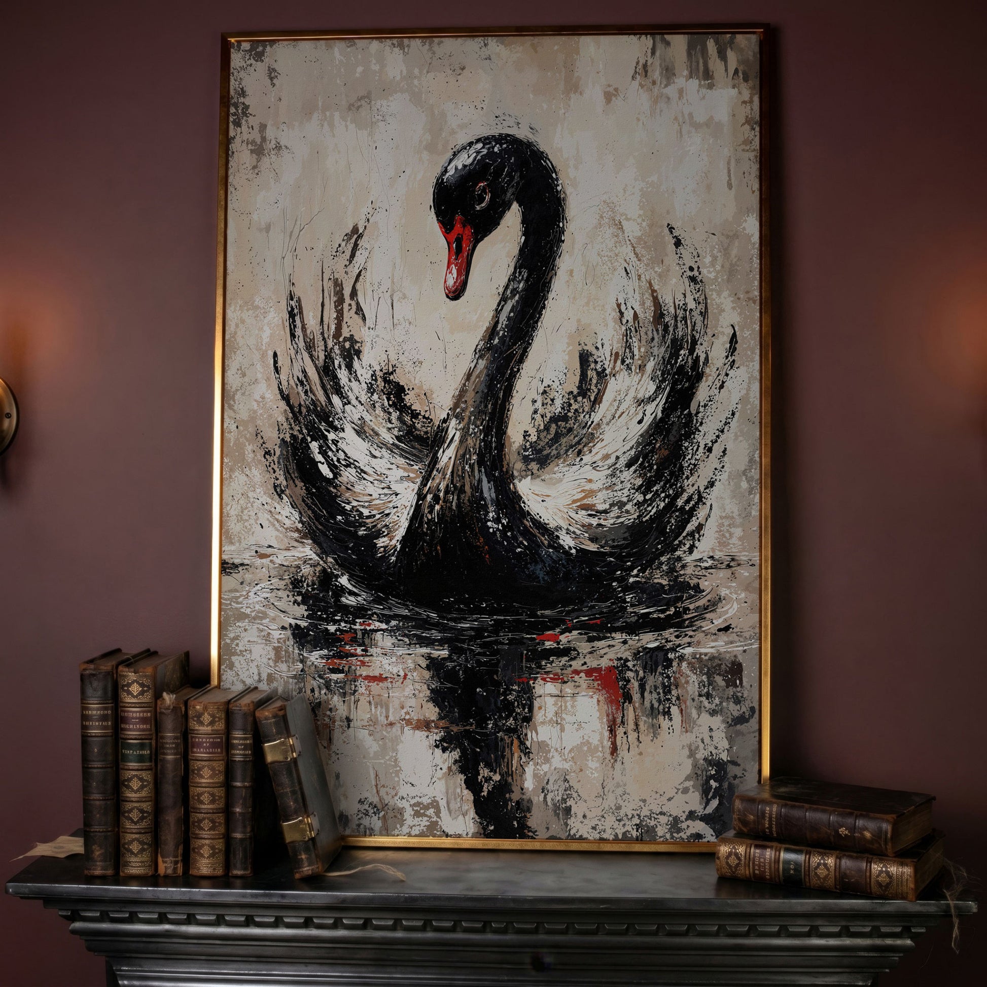 Black Swan Abstract Canvas Print in rose gold floating frame