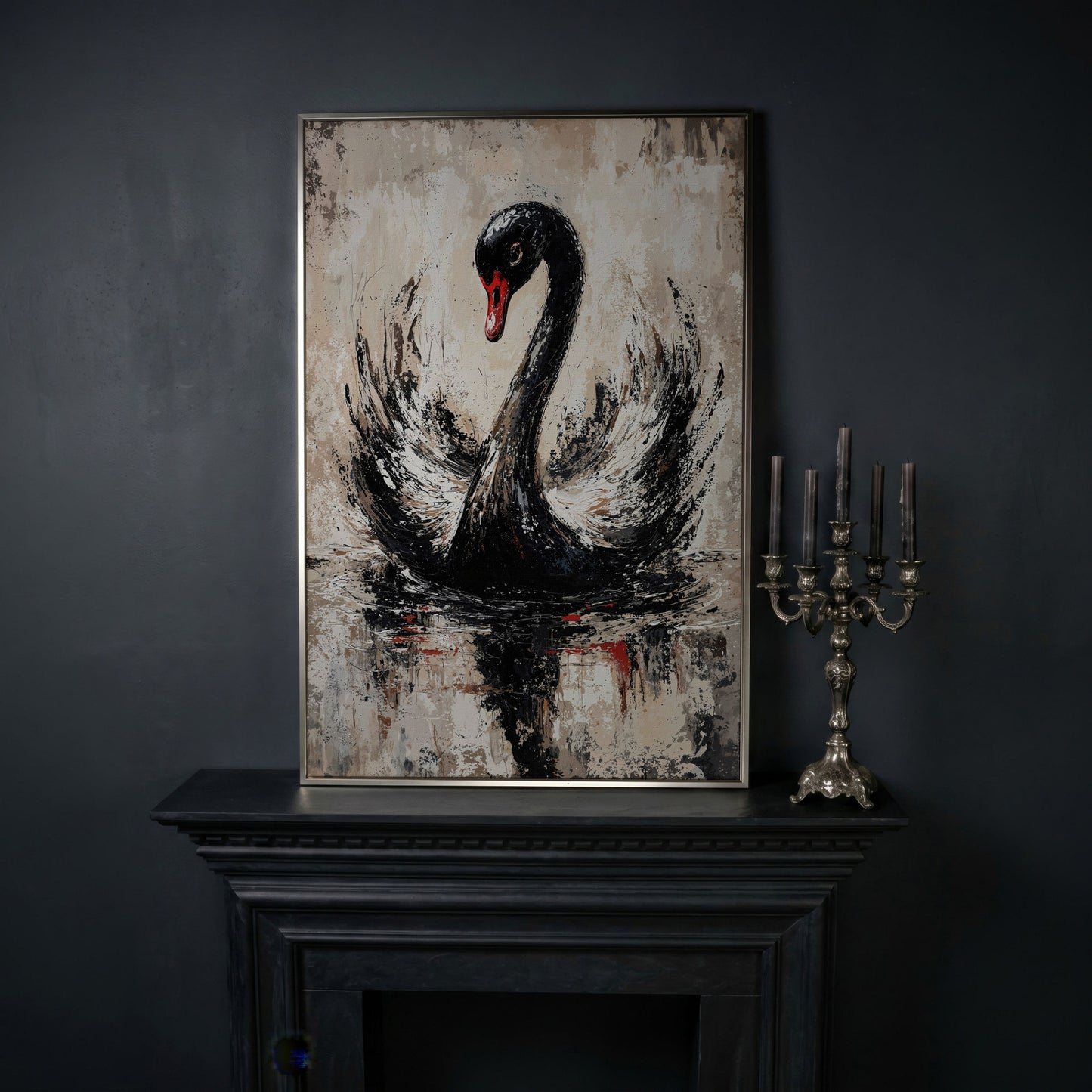 Black Swan Abstract Canvas Print in silver floating frame