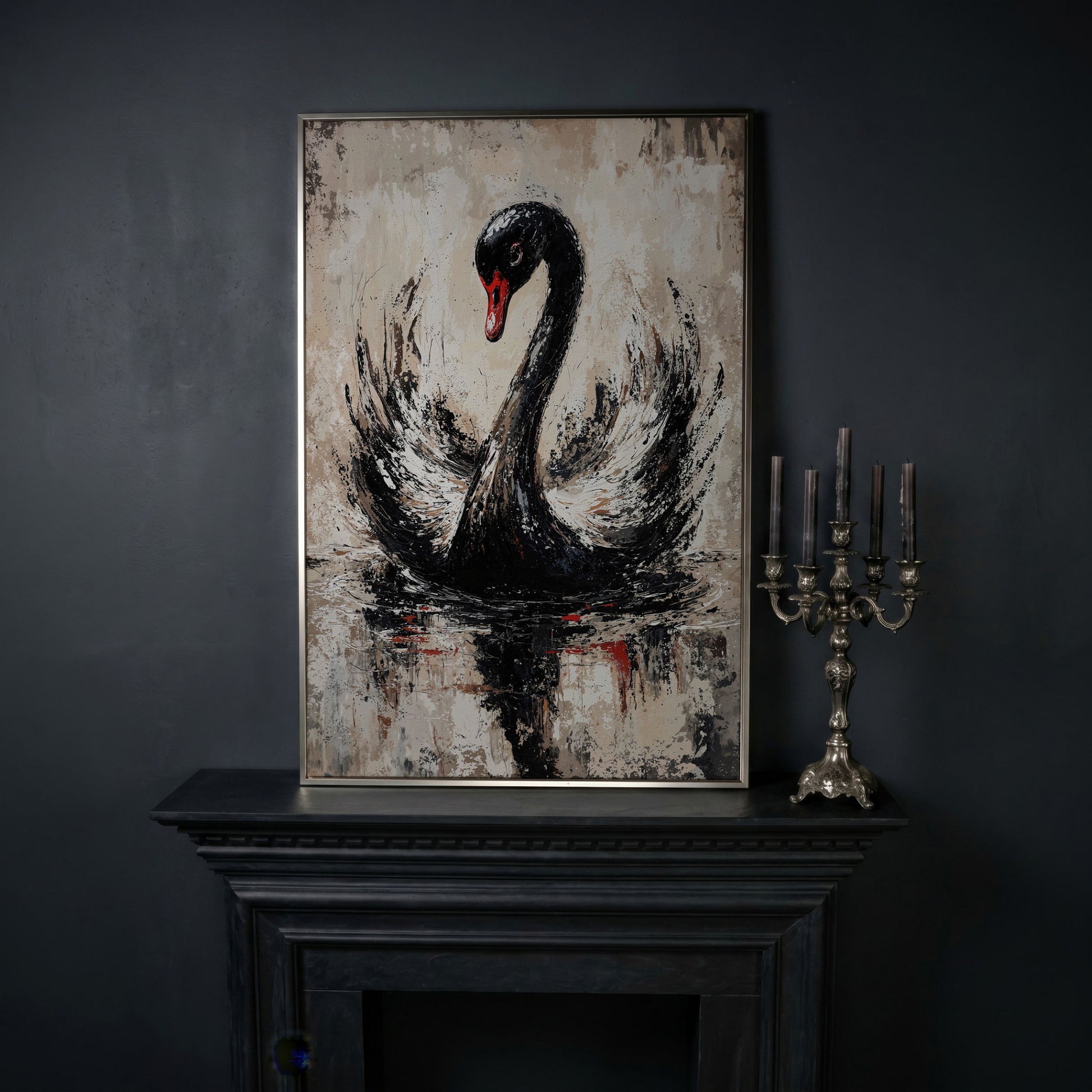 Black Swan Abstract Canvas Print in silver floating frame