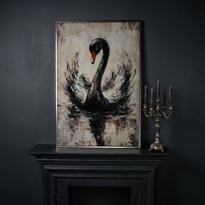 Black Swan Abstract Canvas Print in silver floating frame