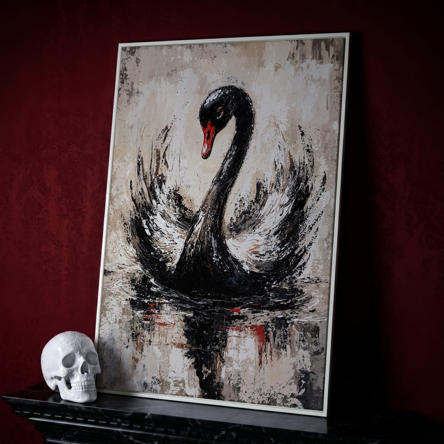 Black Swan Abstract Canvas Print in white floating frame