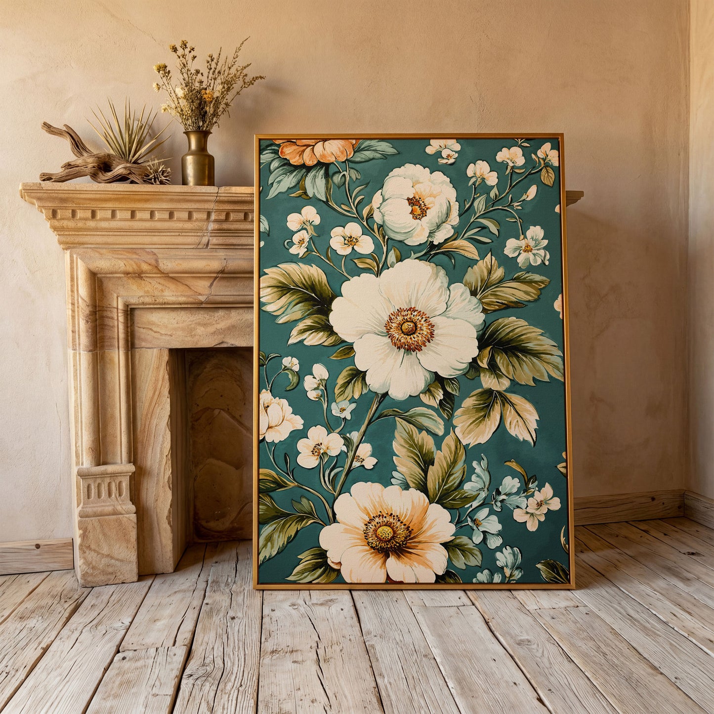 White Floral Botanical Canvas Wall Art, Boho Flower Print in antique gold floating frame