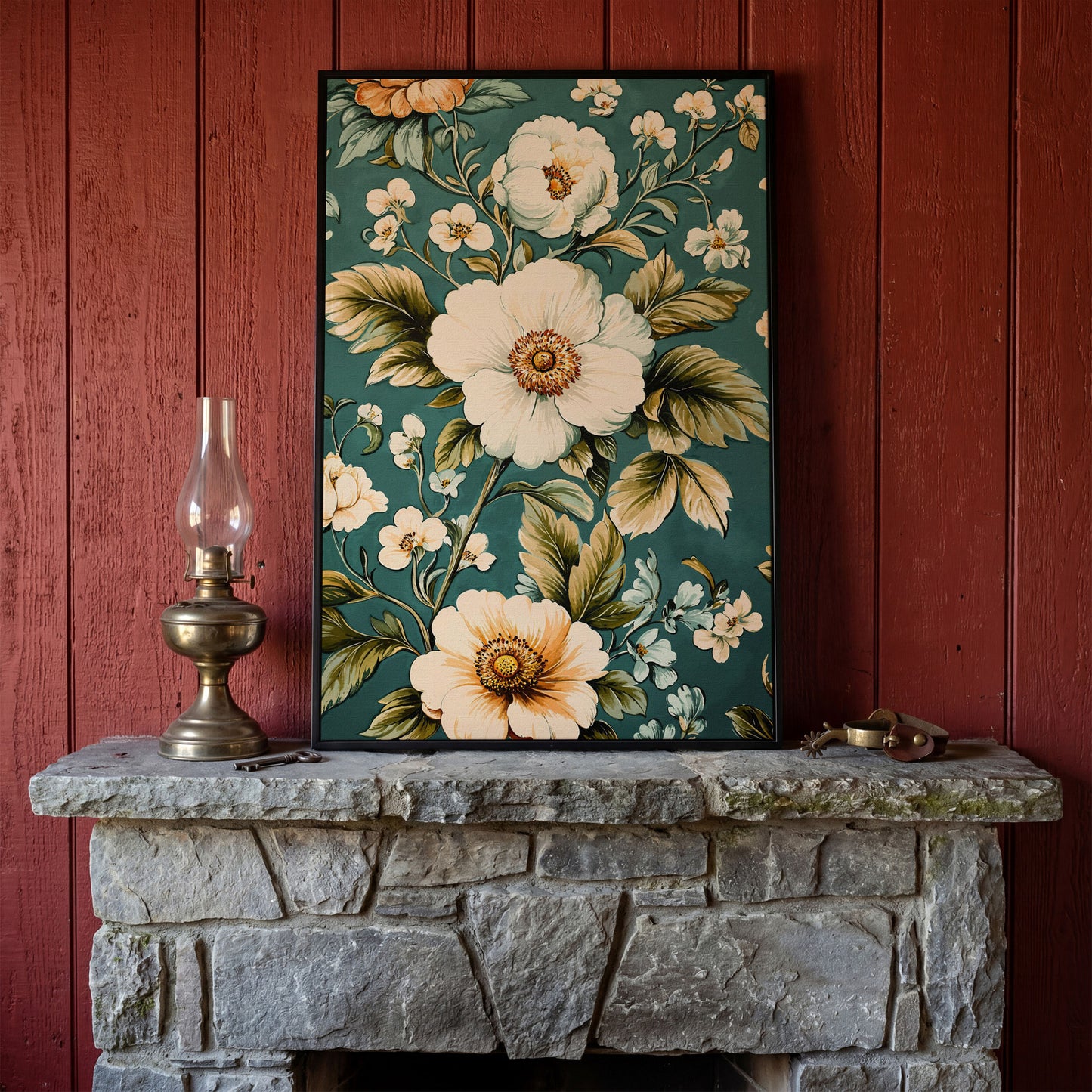 White Floral Botanical Canvas Wall Art, Boho Flower Print in black floating frame
