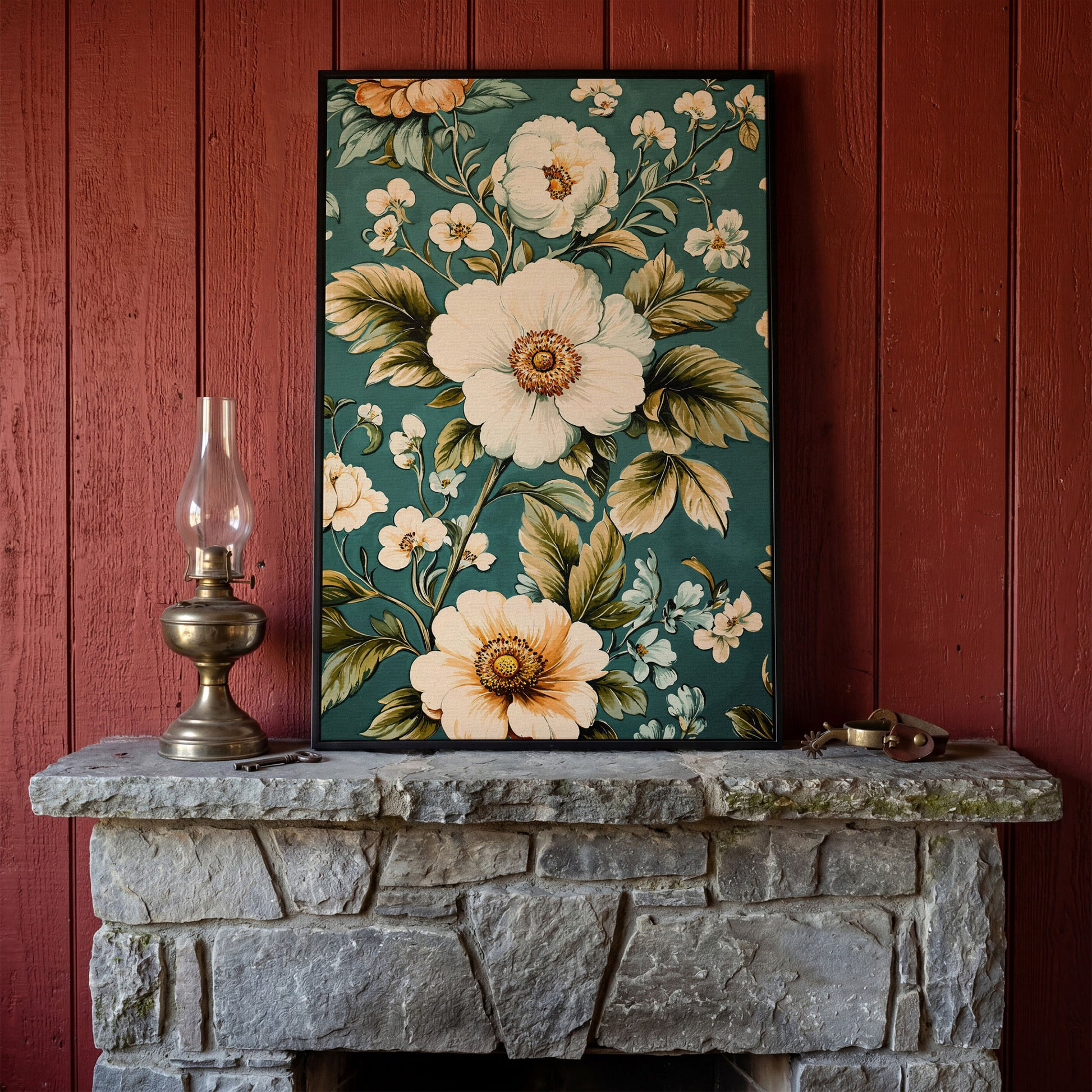 White Floral Botanical Canvas Wall Art, Boho Flower Print in black floating frame