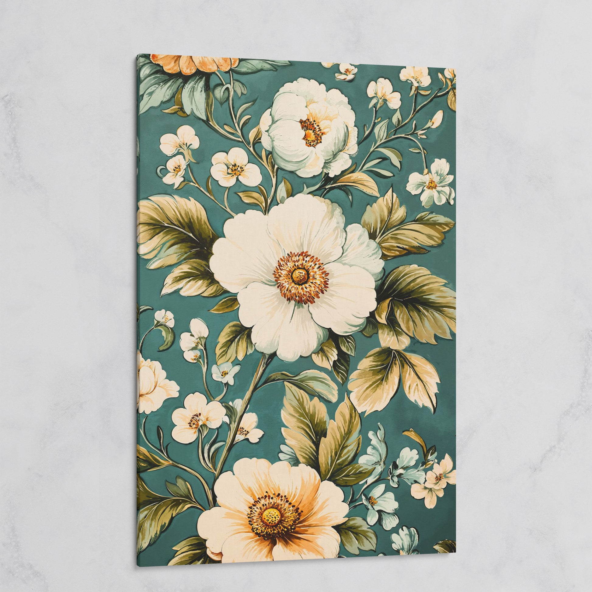 White Floral Botanical Canvas Wall Art, Boho Flower Print on gallery wrap