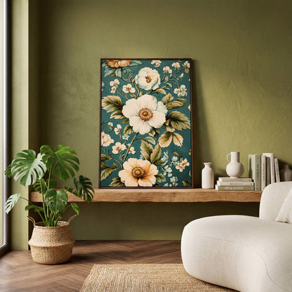 White Floral Botanical Canvas Wall Art, Boho Flower Print in dark walnut floating frame