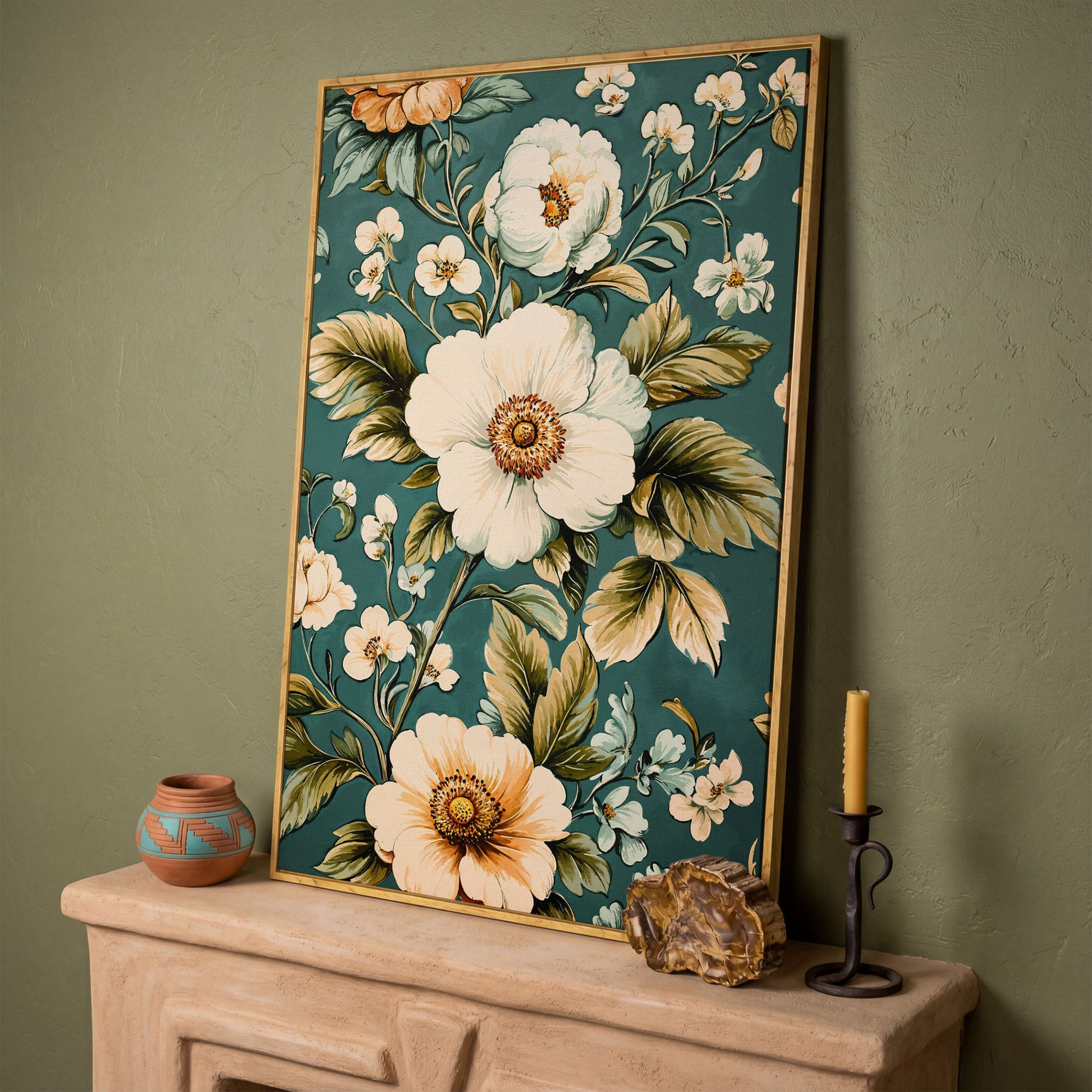 White Floral Botanical Canvas Wall Art, Boho Flower Print in white oak floating frame