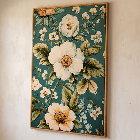 White Floral Botanical Canvas Wall Art, Boho Flower Print shown in white oak floating frame