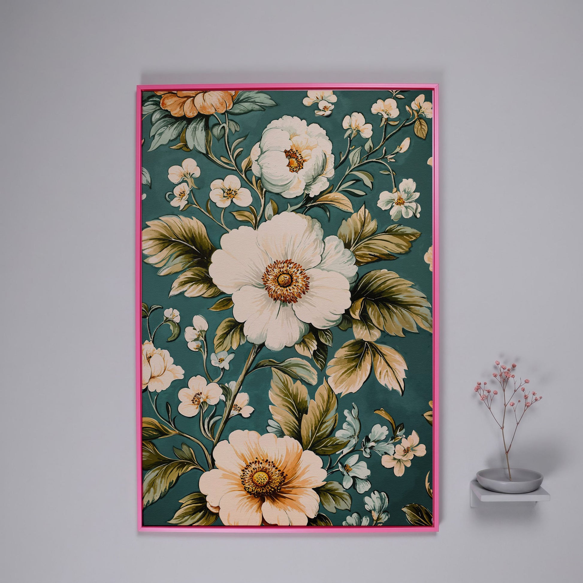 White Floral Botanical Canvas Wall Art, Boho Flower Print in pink floating frame