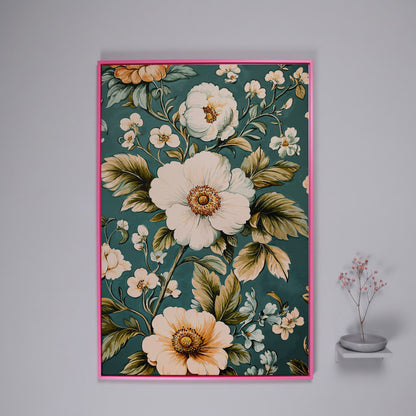 White Floral Botanical Canvas Wall Art, Boho Flower Print in pink floating frame